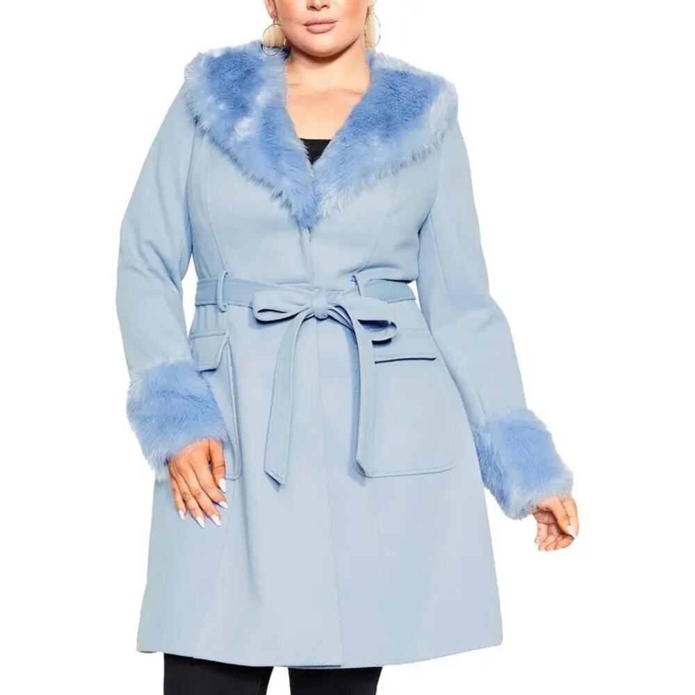NWT City Chic powder blue faux fur Pico plus size S/16 belted avant-garde glam